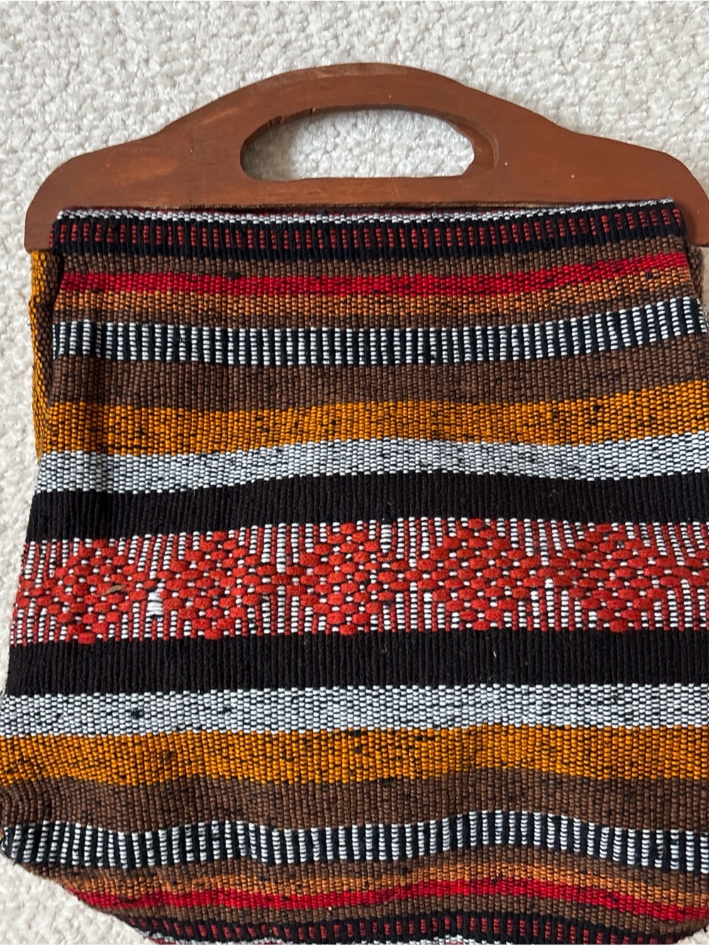 Artisan Handwoven Stripe Tote with Wooden Handles - Multicolor Red Accent